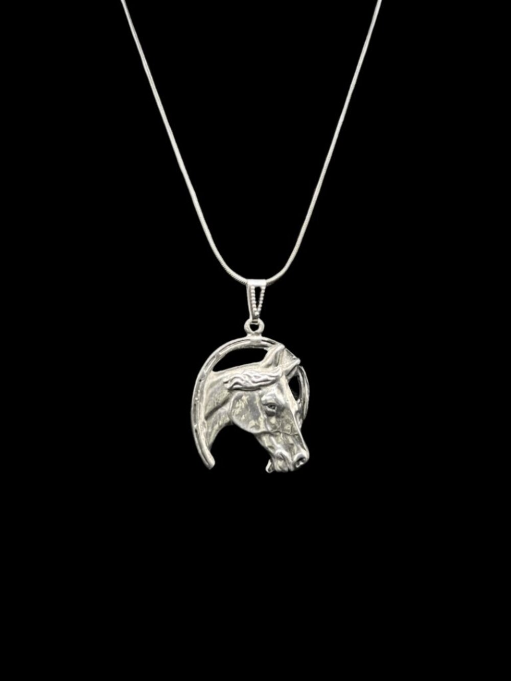 Vintage Pewter Horse and Horseshoe pendant necklace on silver snake chain